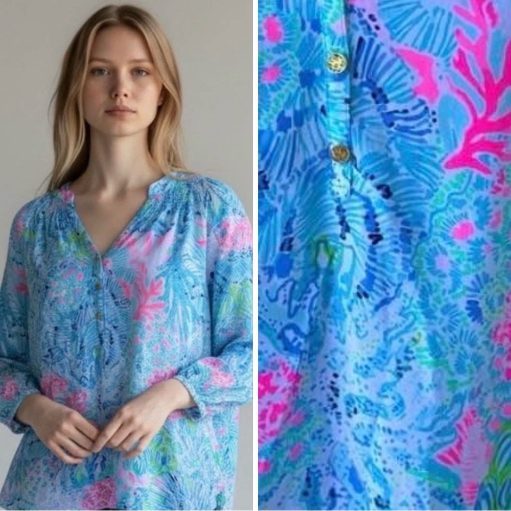 Lilly Pulitzer Multi Sink or Swim Elsa Top Long Sleeve Silk Blouse XL NWT